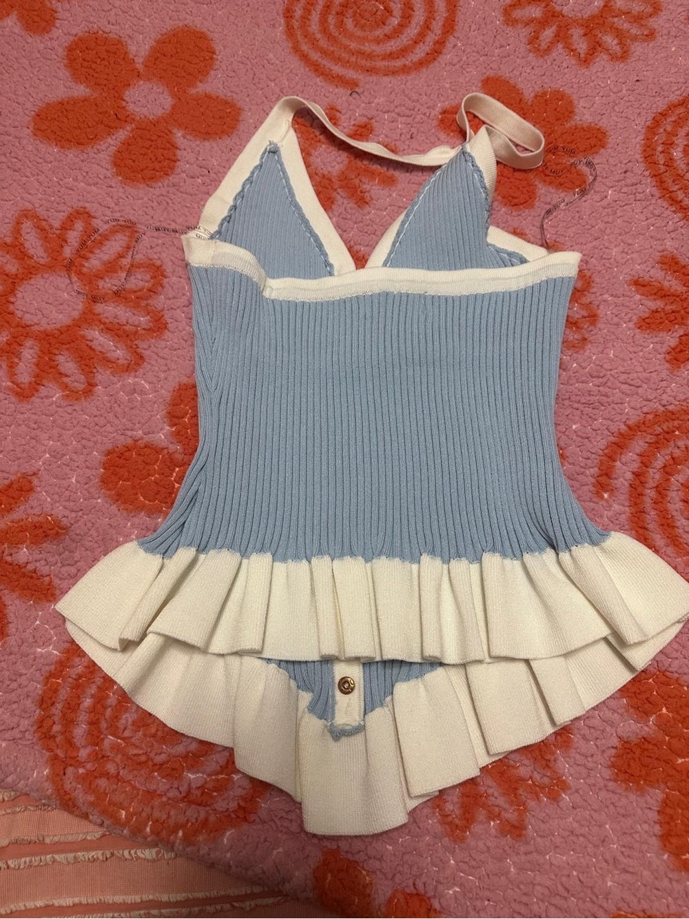 Blue and Cream Ribbed Halter Tank with Ruffle Hem - Picture 2 of 3